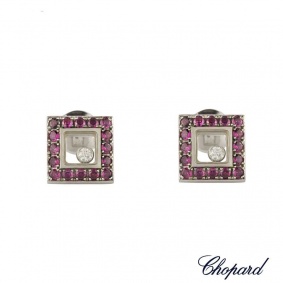 Chopard 18k White Gold Ruby Happy Diamonds Earrings 832896-1003 B&P